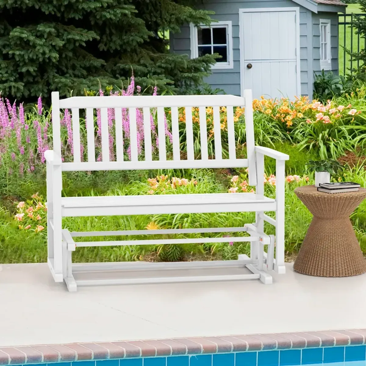 2 Seats Outdoor Glider Bench with Armrests and Slatted Seat-White