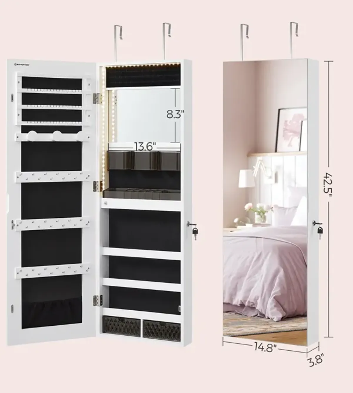 Jewelry Cabinet Armoire with LED Lights - Wall-Mounted with Full-Length Frameless Mirror