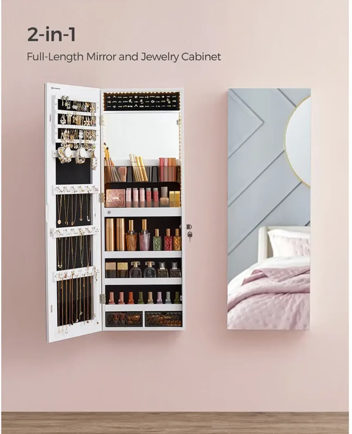 Jewelry Cabinet Armoire with LED Lights - Wall-Mounted with Full-Length Frameless Mirror