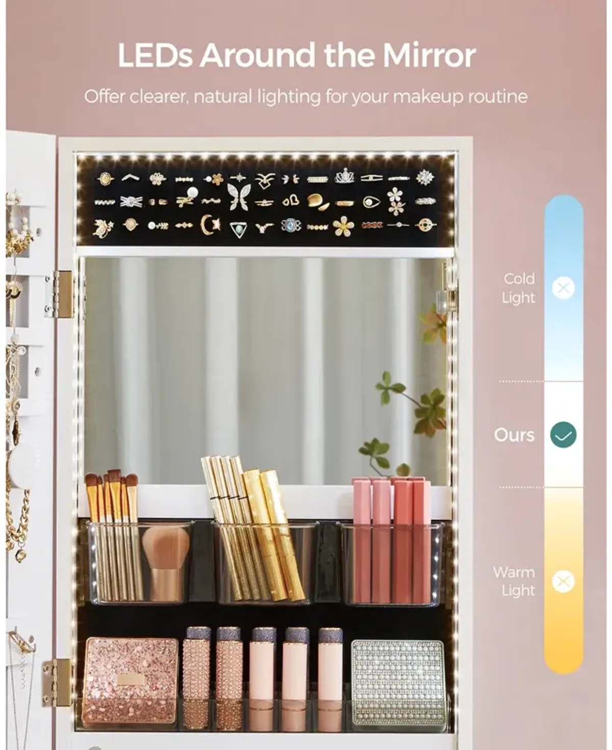 Jewelry Cabinet Armoire with LED Lights - Wall-Mounted with Full-Length Frameless Mirror