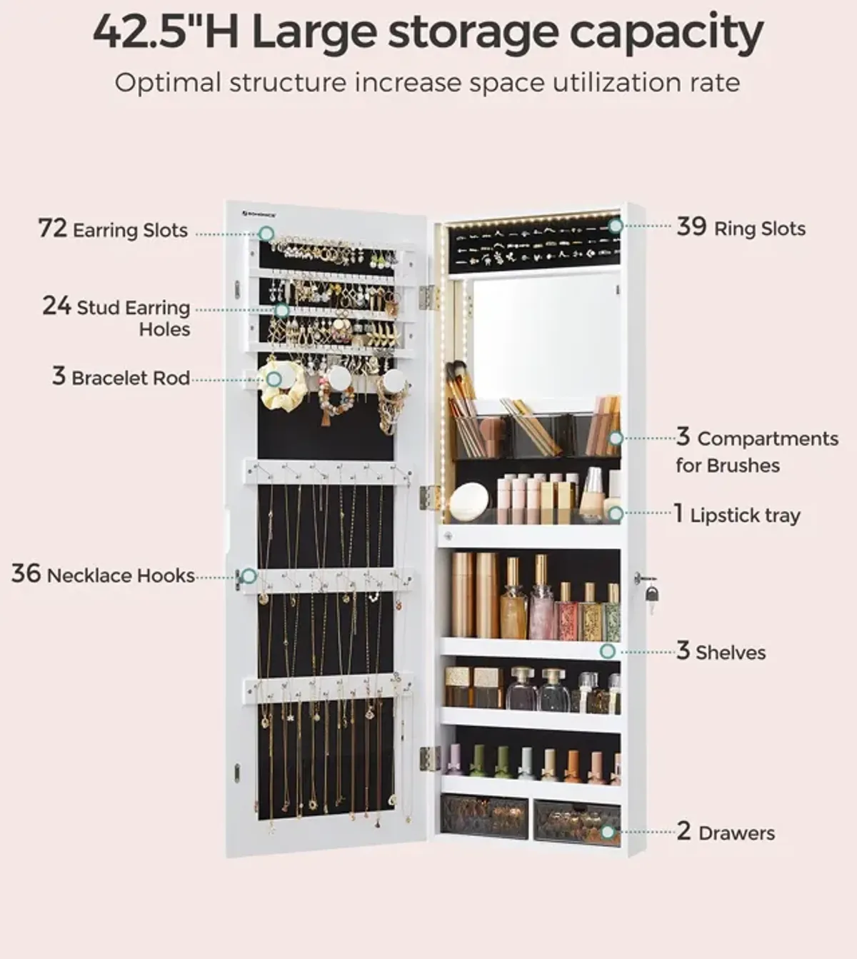 Jewelry Cabinet Armoire with LED Lights - Wall-Mounted with Full-Length Frameless Mirror