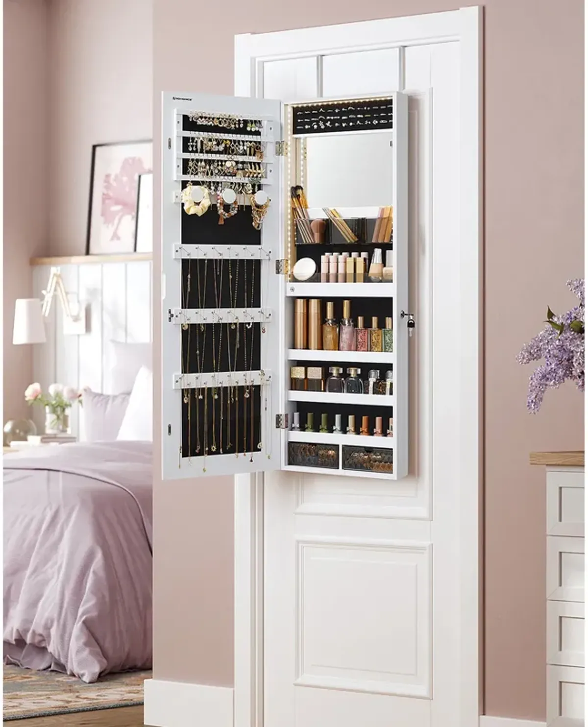 Jewelry Cabinet Armoire with LED Lights - Wall-Mounted with Full-Length Frameless Mirror