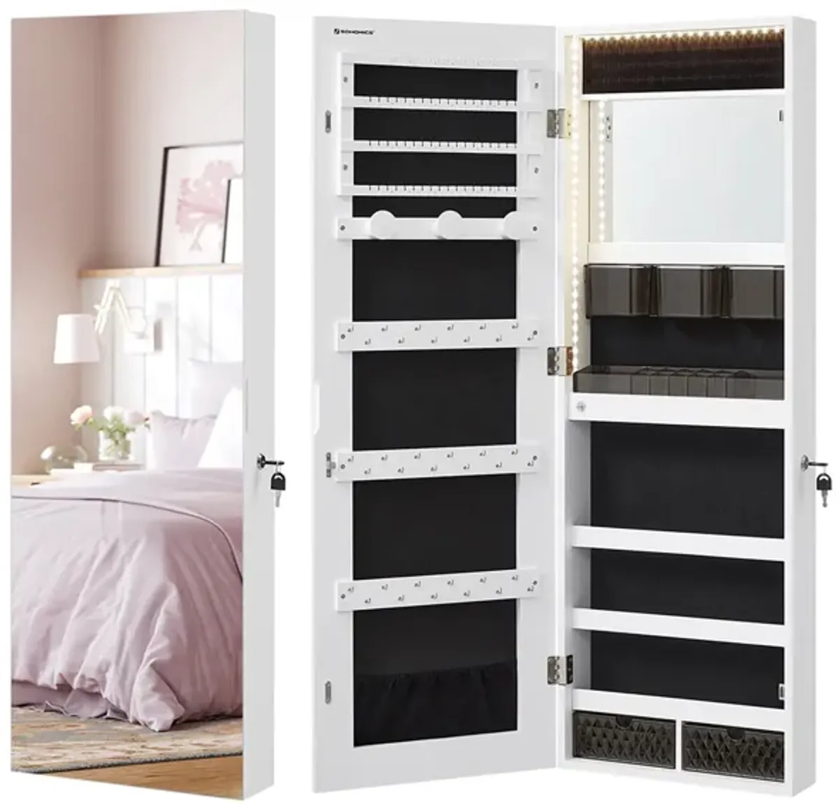 Jewelry Cabinet Armoire with LED Lights - Wall-Mounted with Full-Length Frameless Mirror