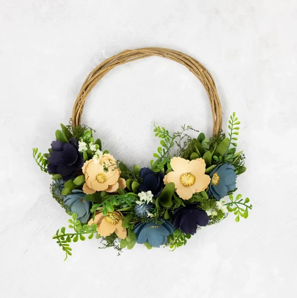 12" Blue and Tan Poppy Floral Wooden Spring Basket Wreath