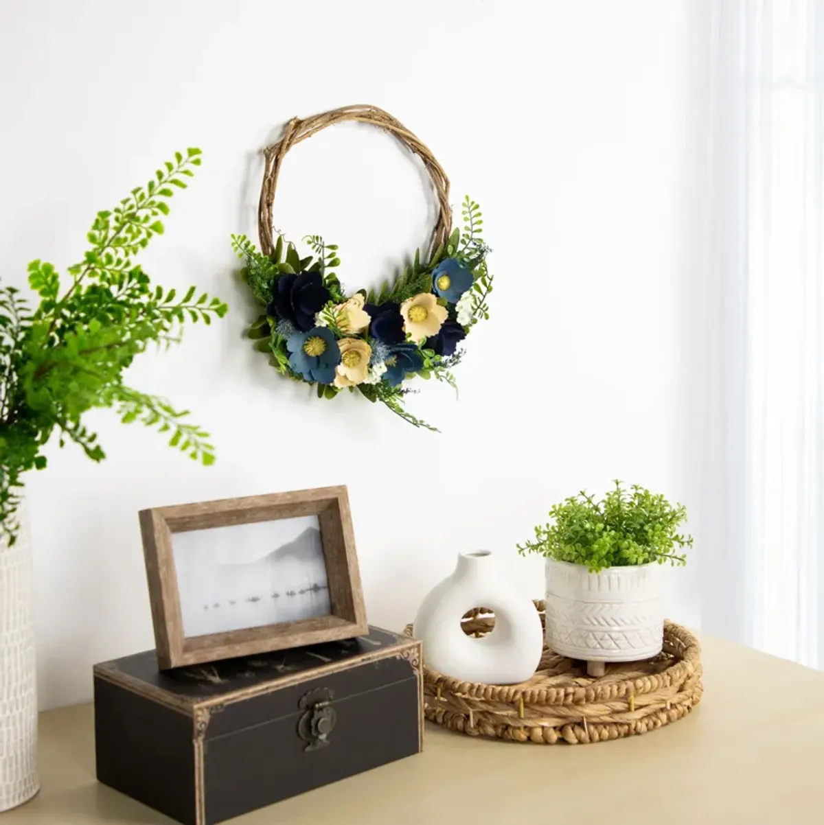 12" Blue and Tan Poppy Floral Wooden Spring Basket Wreath