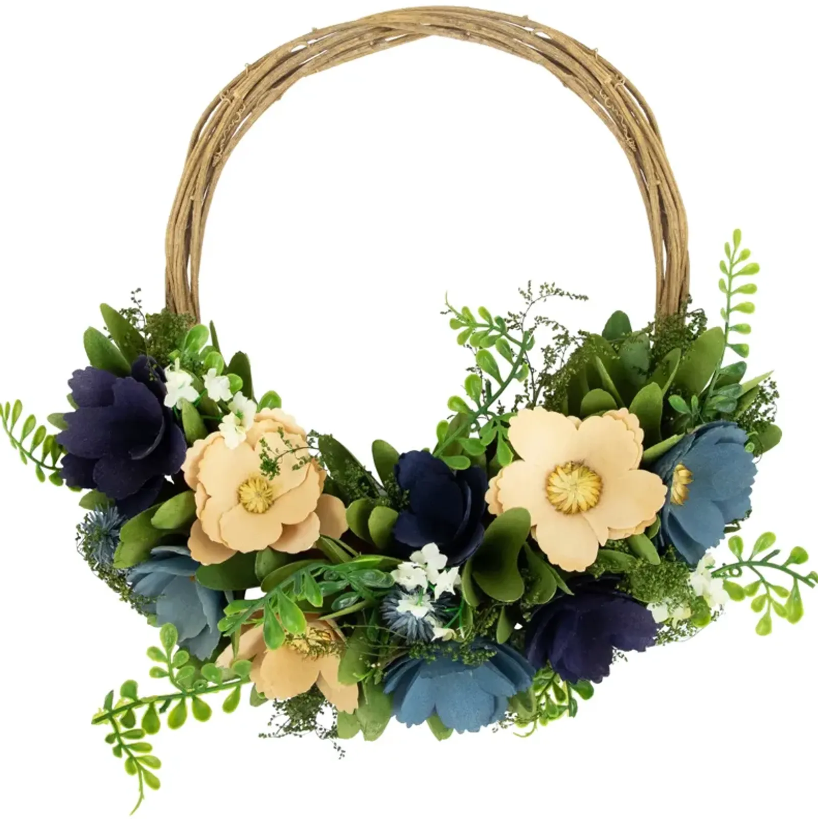 12" Blue and Tan Poppy Floral Wooden Spring Basket Wreath