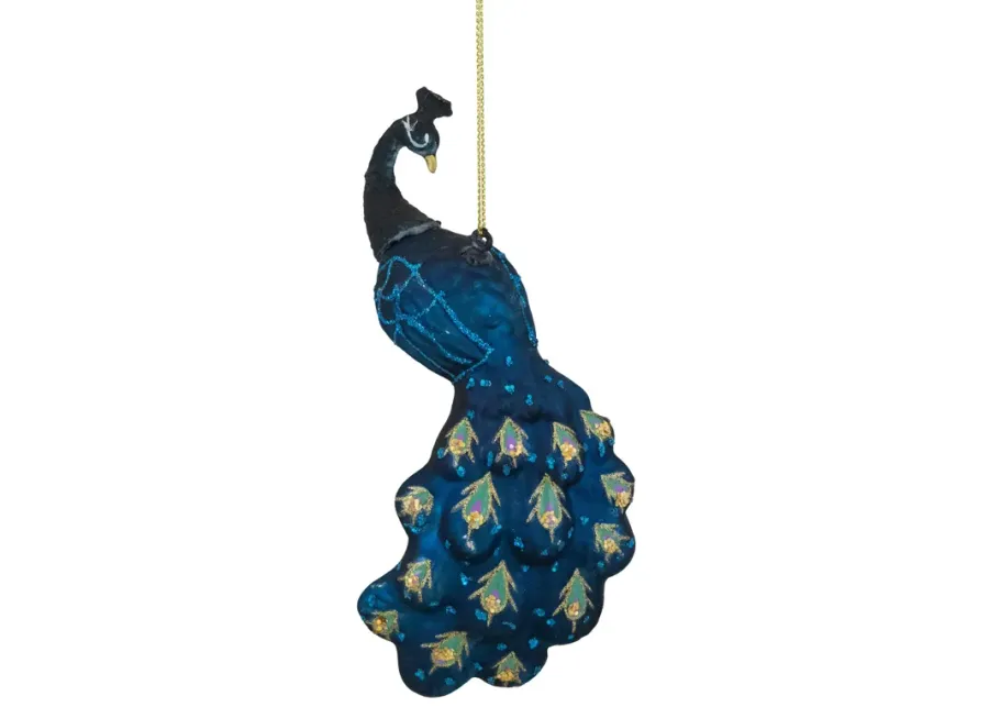 6" Blue Glittered Peacock Glass Christmas Ornament