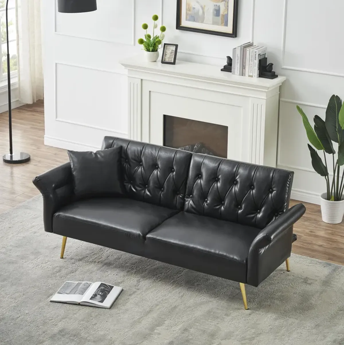 Merax Faux Leather Sleeper Sofa with Adjustment Armrests