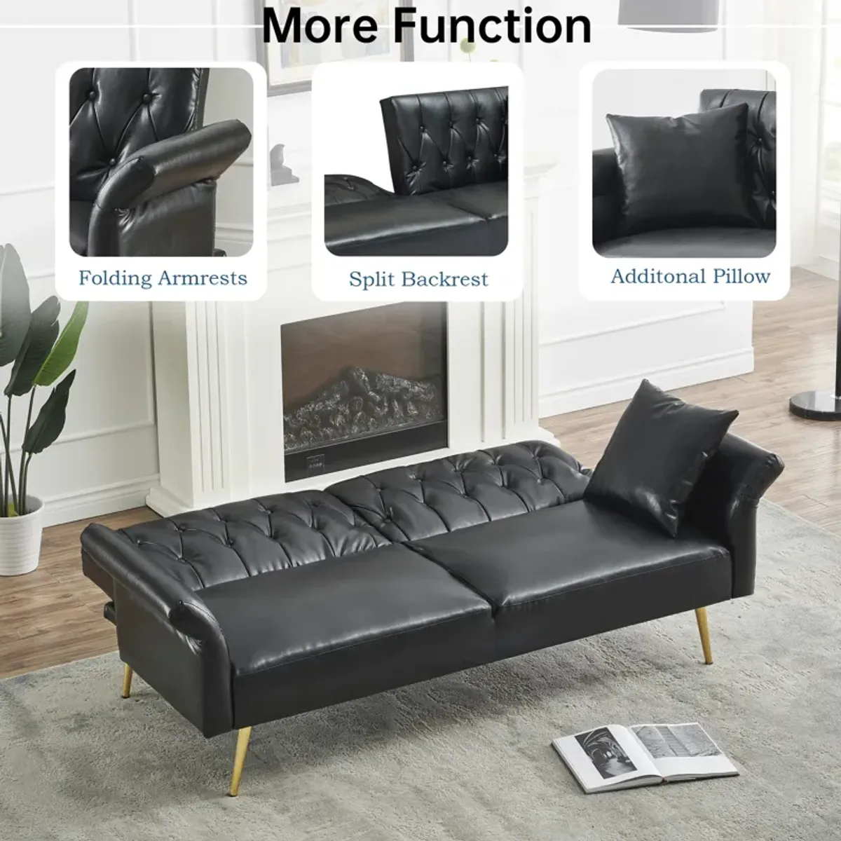 Merax Faux Leather Sleeper Sofa with Adjustment Armrests