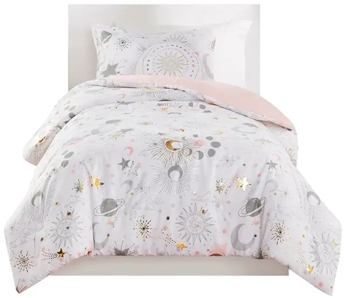 Gracie Mills Dervan Celestial Dreams Starry Sky Metallic Comforter Set with Enchanting Throw Pillow