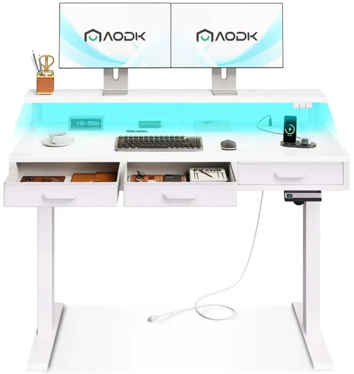 AODK Electric Standing Desk with Drawers, 47 Inch Height Adjustable Small Desk with Power Outlets & LED Lights, Sit Stand Table