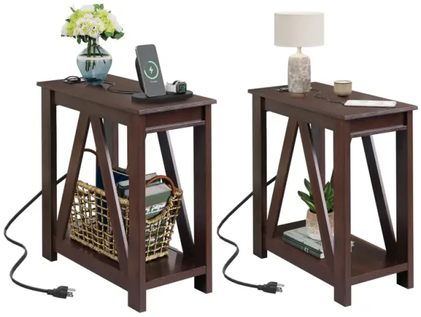 WLIVE Narrow End Table Set of 2 with Charging Station, Sofa Side Tables Living Room with Open Storage Shelf, Slim Farmhouse End