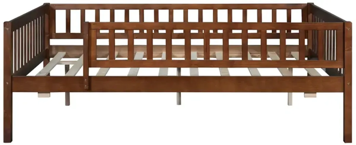 Full Size Wood Daybed With Trundle And Fence Guardrails, Walnut