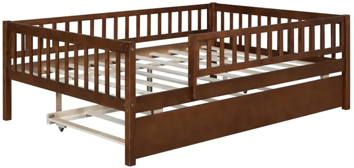 Full Size Wood Daybed With Trundle And Fence Guardrails, Walnut