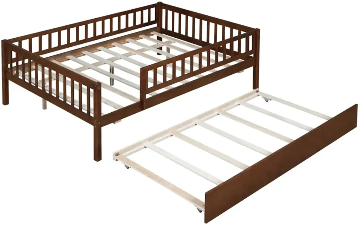 Full Size Wood Daybed With Trundle And Fence Guardrails, Walnut