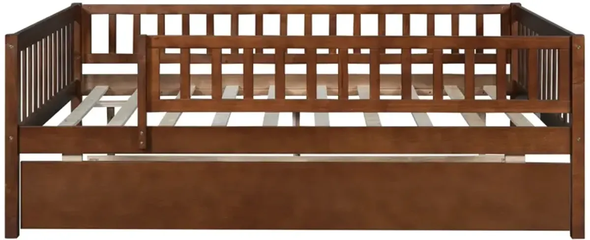 Full Size Wood Daybed With Trundle And Fence Guardrails, Walnut