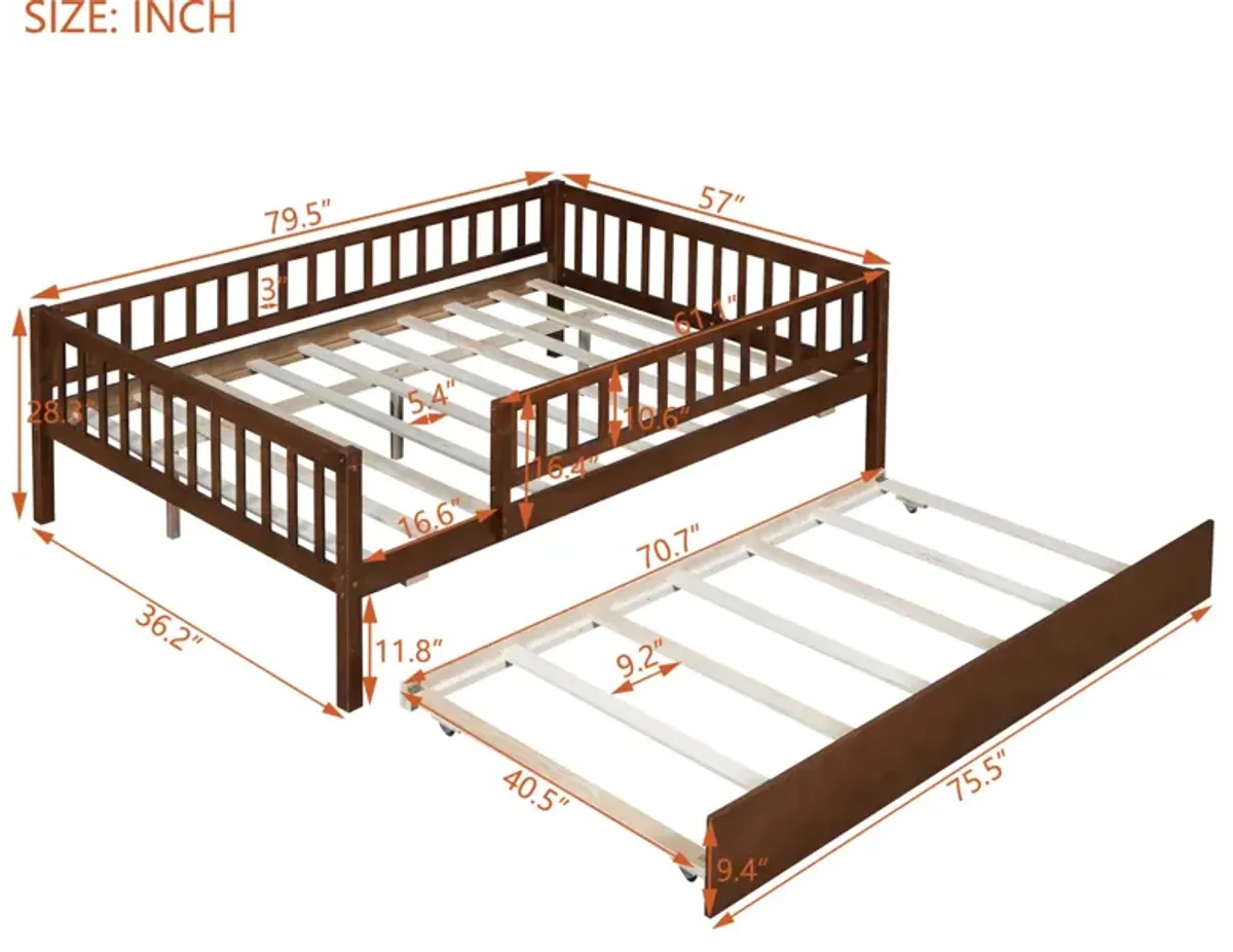 Full Size Wood Daybed With Trundle And Fence Guardrails, Walnut