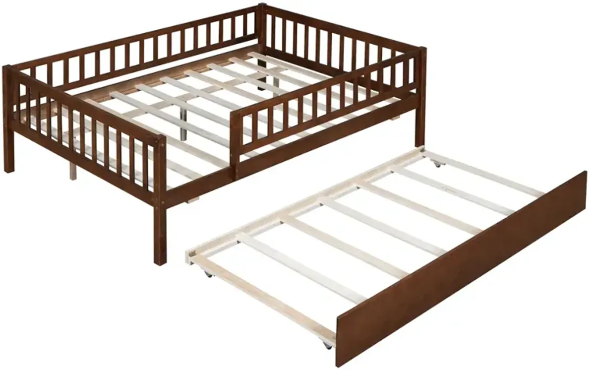 Full Size Wood Daybed With Trundle And Fence Guardrails, Walnut