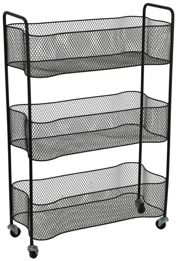 3 Tier Rolling Kitchen Bar Cart, Mesh Design, 33 Inch Black Metal - Benzara
