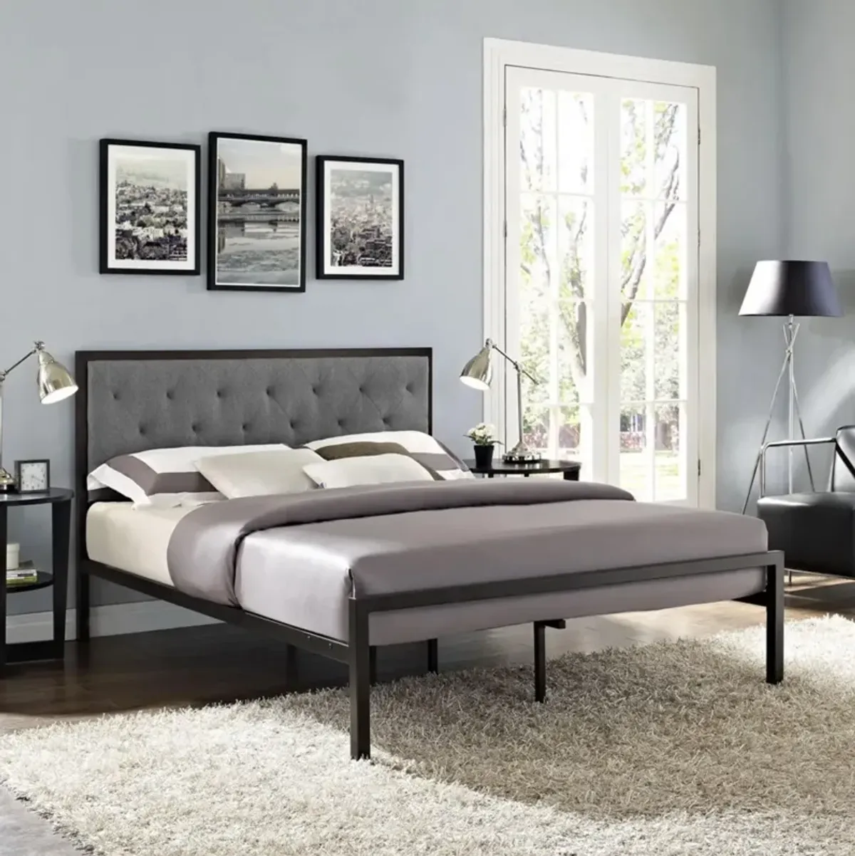 Hivvago Queen size Contemporary Metal Platform Bed with Grey Upholstered Headboard