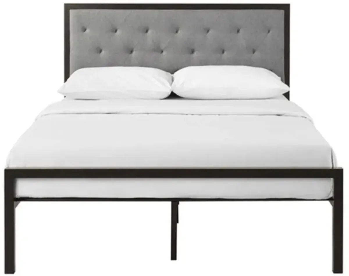 Hivvago Queen size Contemporary Metal Platform Bed with Grey Upholstered Headboard