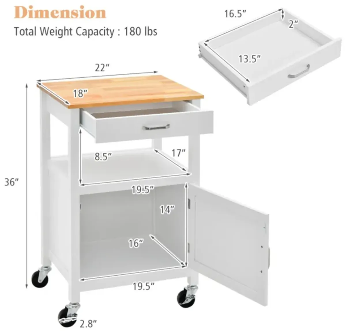 Hivvago Rolling Kitchen Island Cart with Drawer and Side Hooks