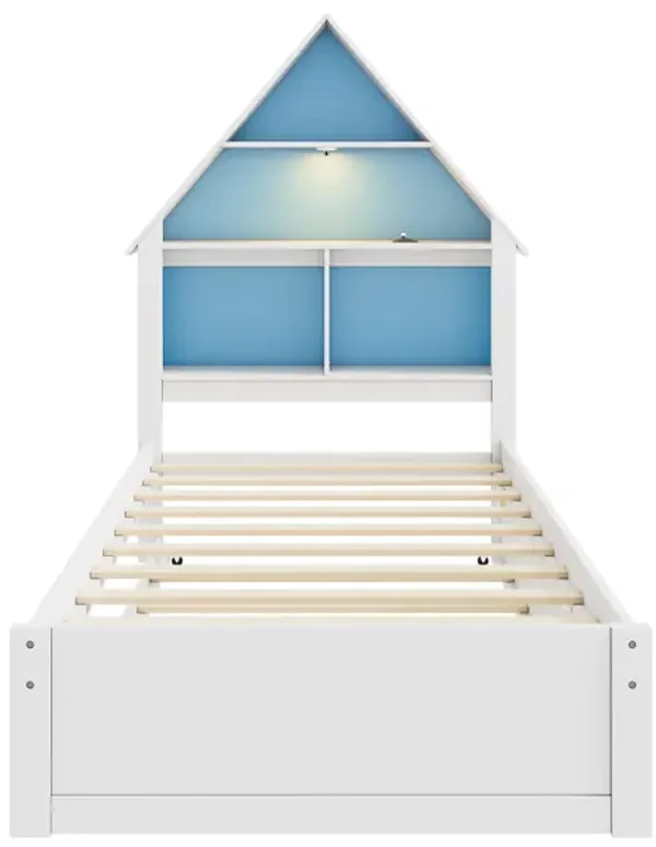 Merax House-Shaped Bed Frame with Bookcase Headboard
