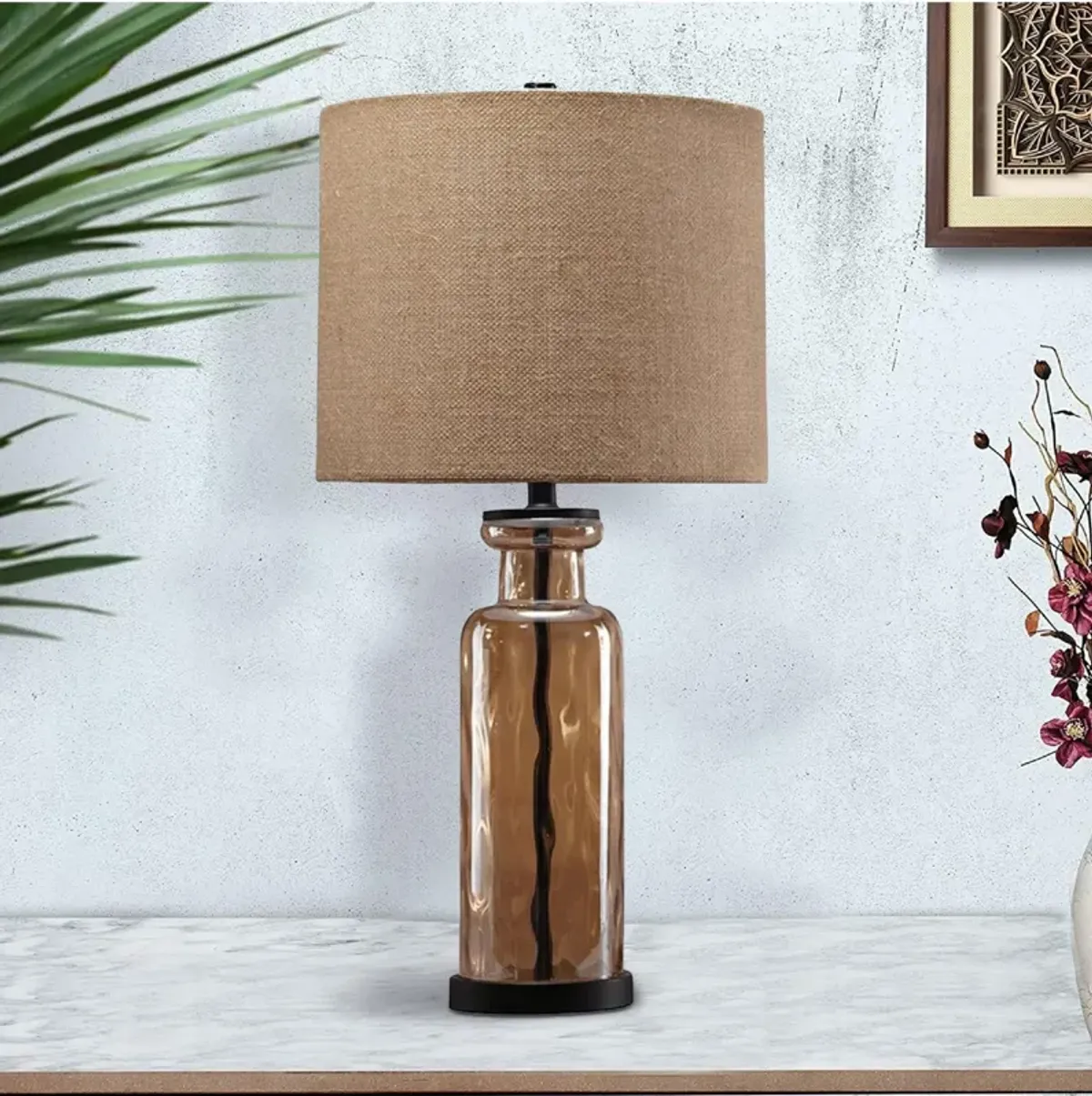 Glass Table Lamp with Fabric Drum Shade, Gold and Beige-Benzara