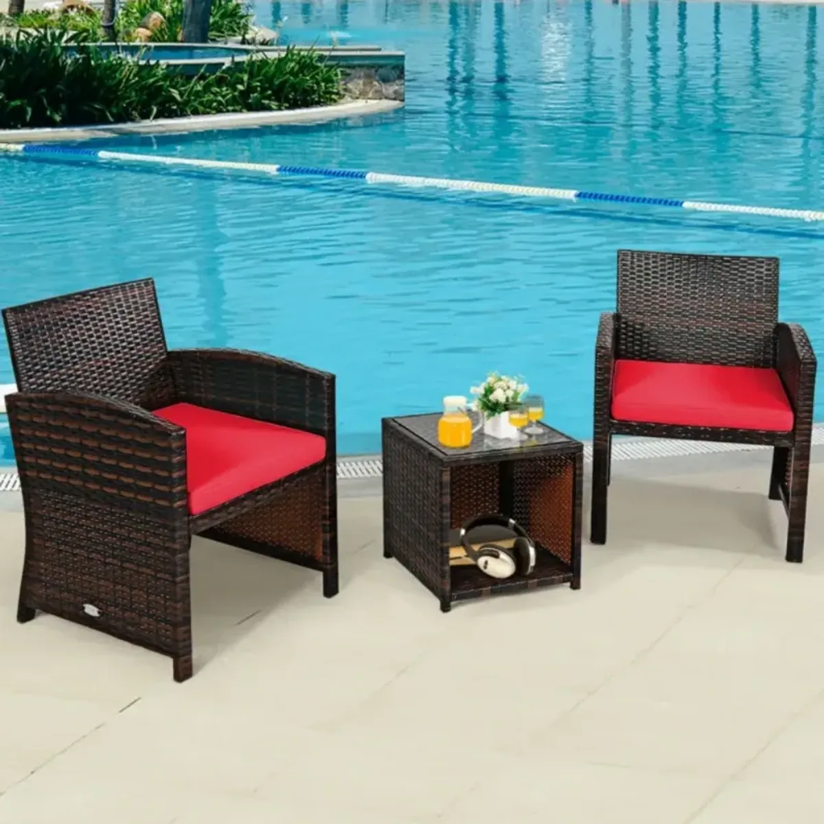 3 Pieces PE Rattan Wicker Furniture Set with Cushion Sofa Coffee Table for Garden