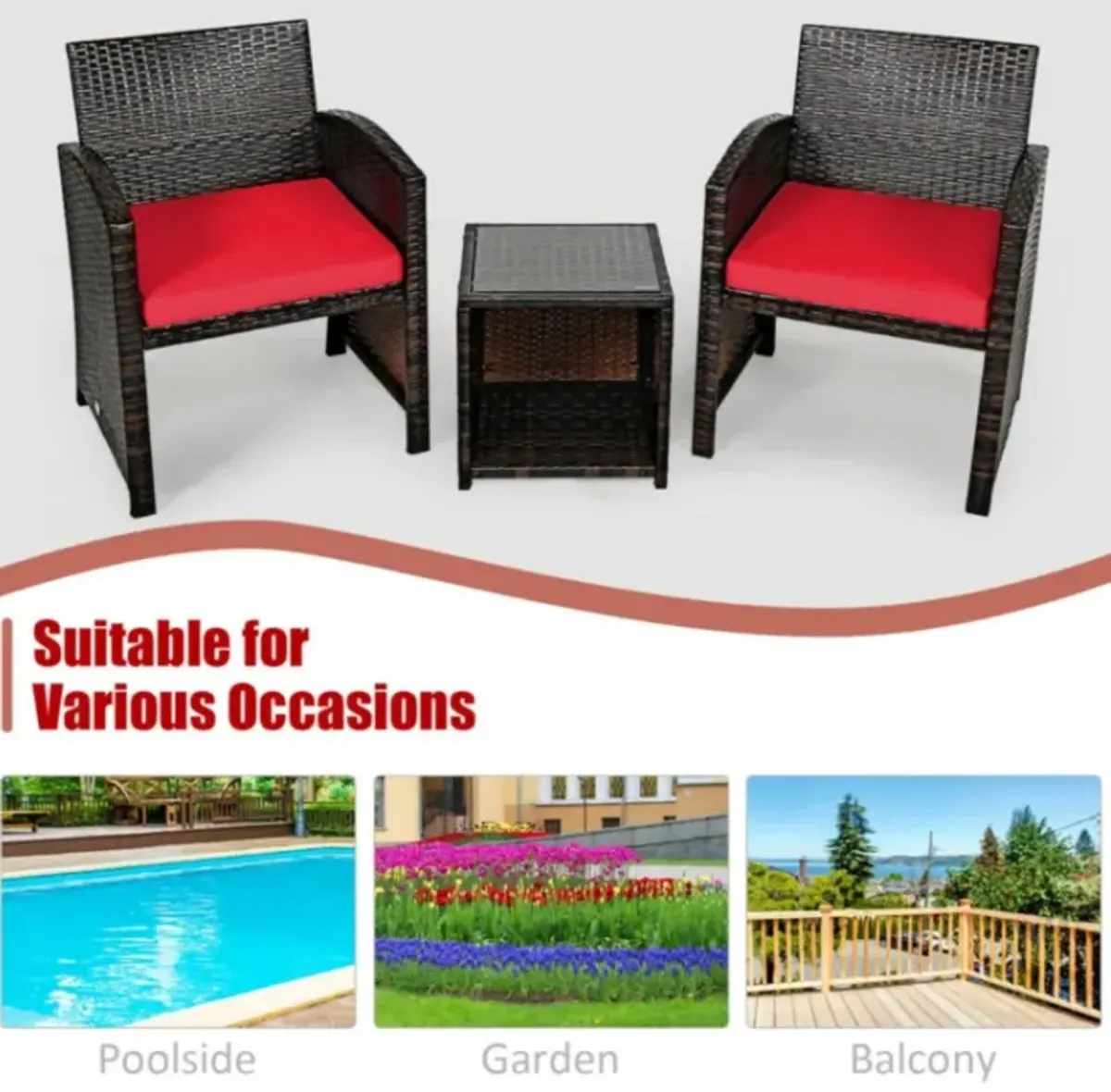 3 Pieces PE Rattan Wicker Furniture Set with Cushion Sofa Coffee Table for Garden