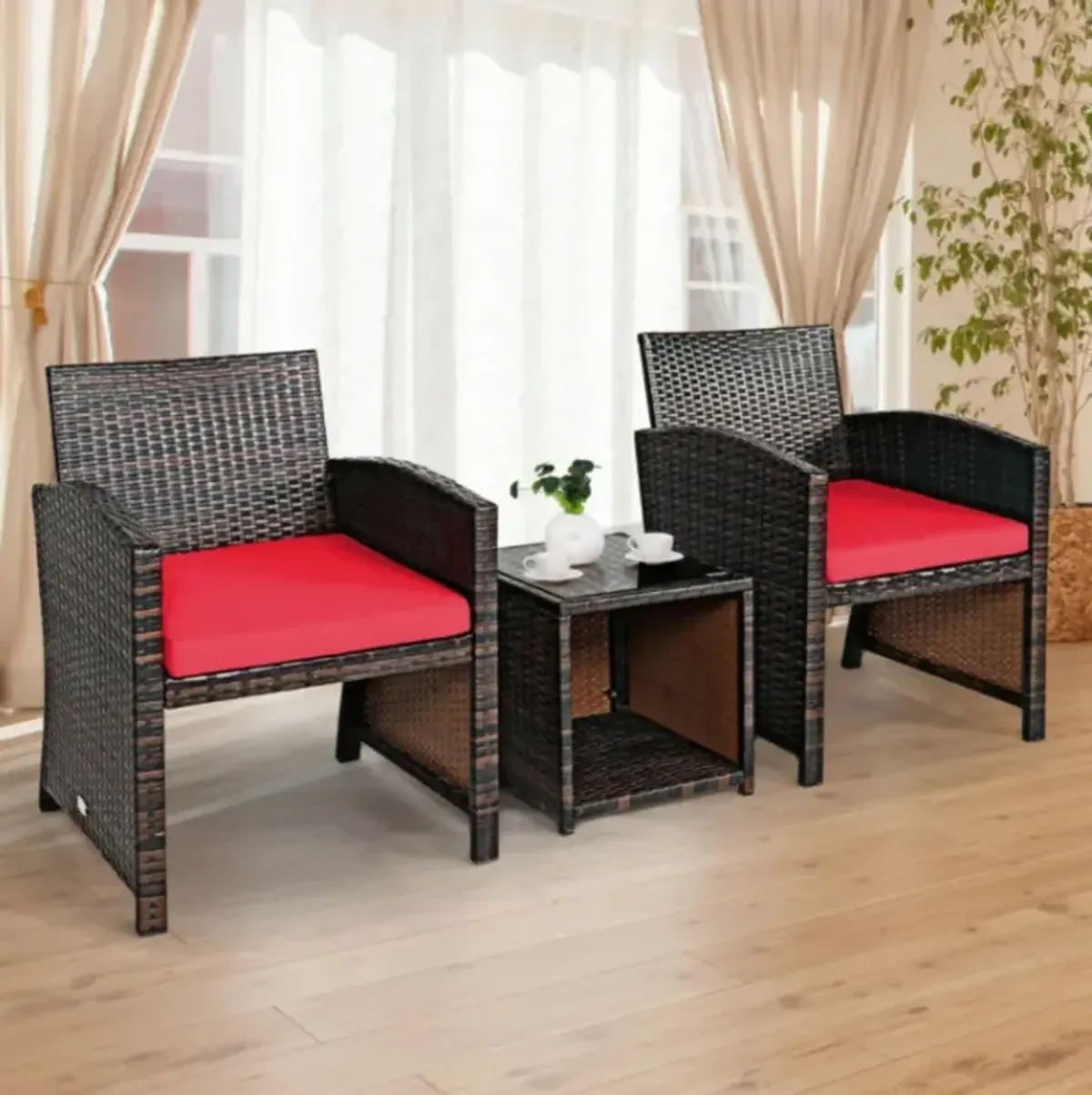 3 Pieces PE Rattan Wicker Furniture Set with Cushion Sofa Coffee Table for Garden