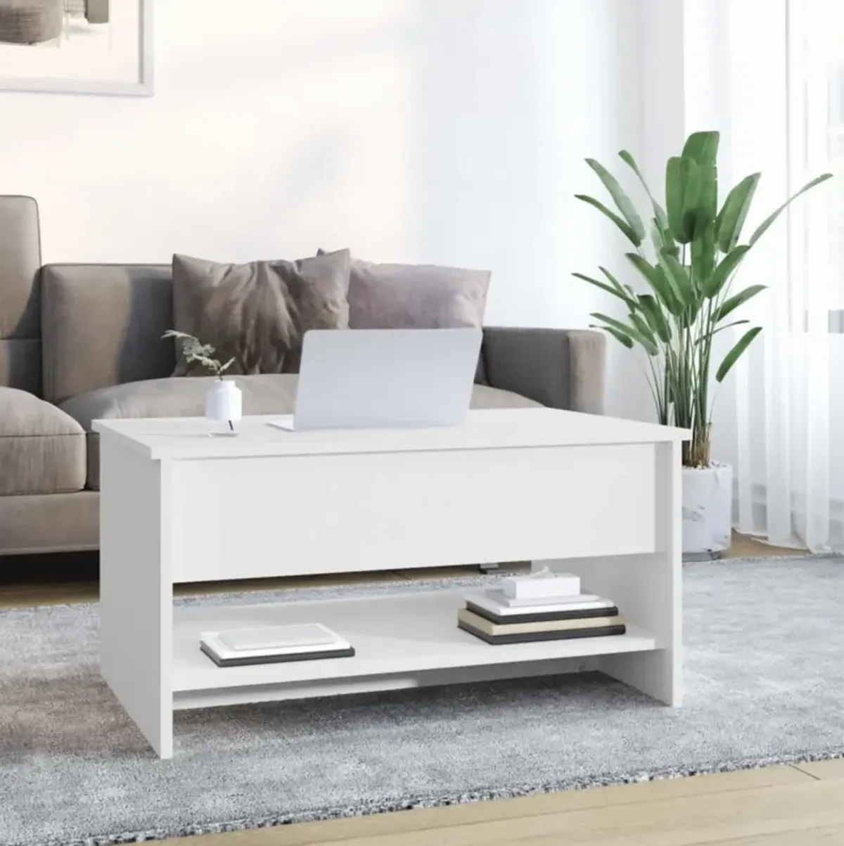 vidaXL Modern Coffee Table in White with Hidden Storage, Liftable Design, Made from Resistant, Moisture-Resistant Engineered Wood