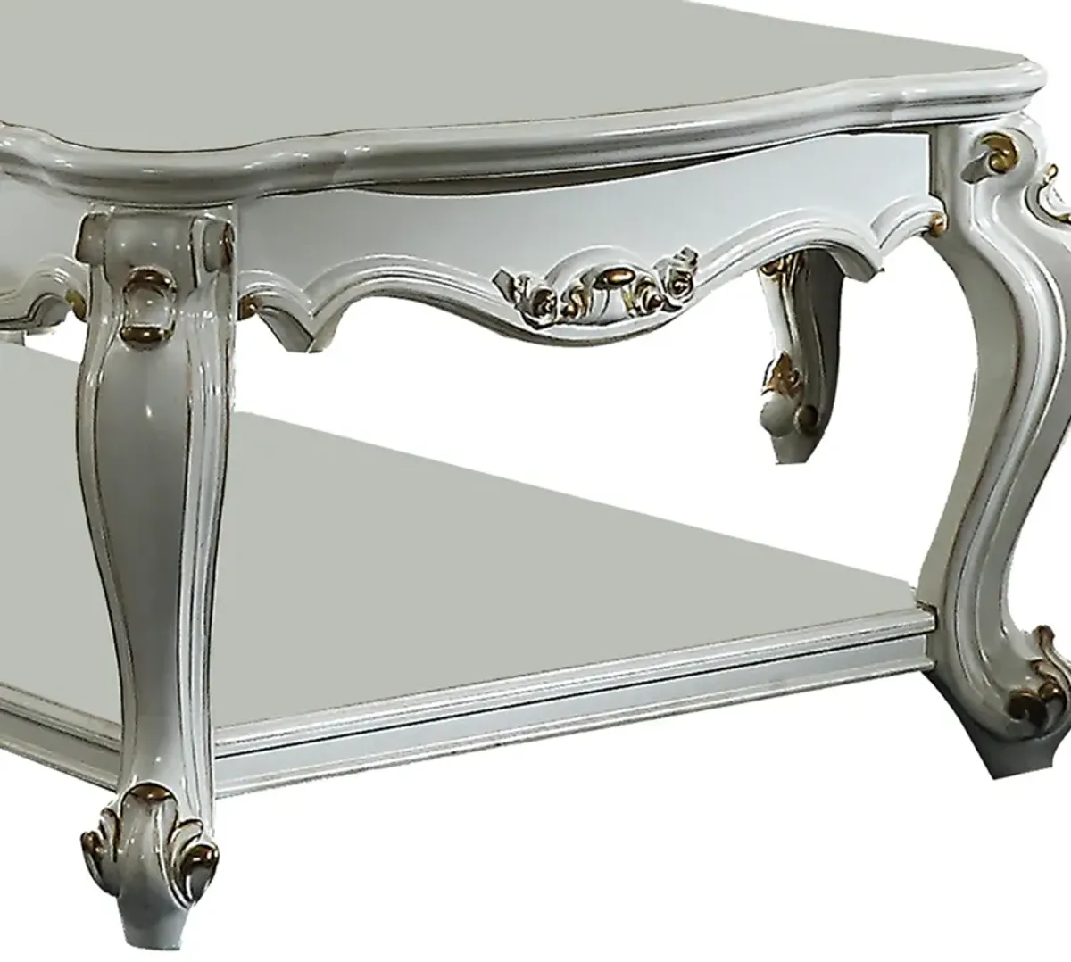 Traditional Style Wooden Coffee Table with Polyresin Carvings and Bottom Shelf, White-Benzara