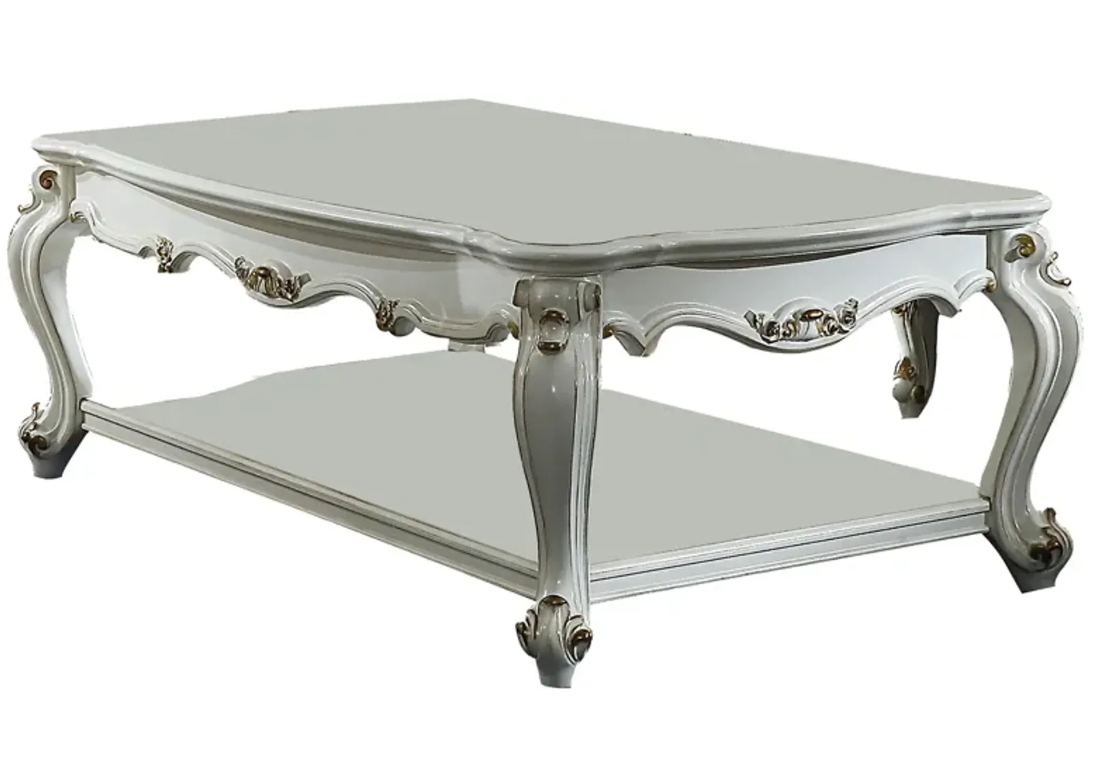 Traditional Style Wooden Coffee Table with Polyresin Carvings and Bottom Shelf, White-Benzara