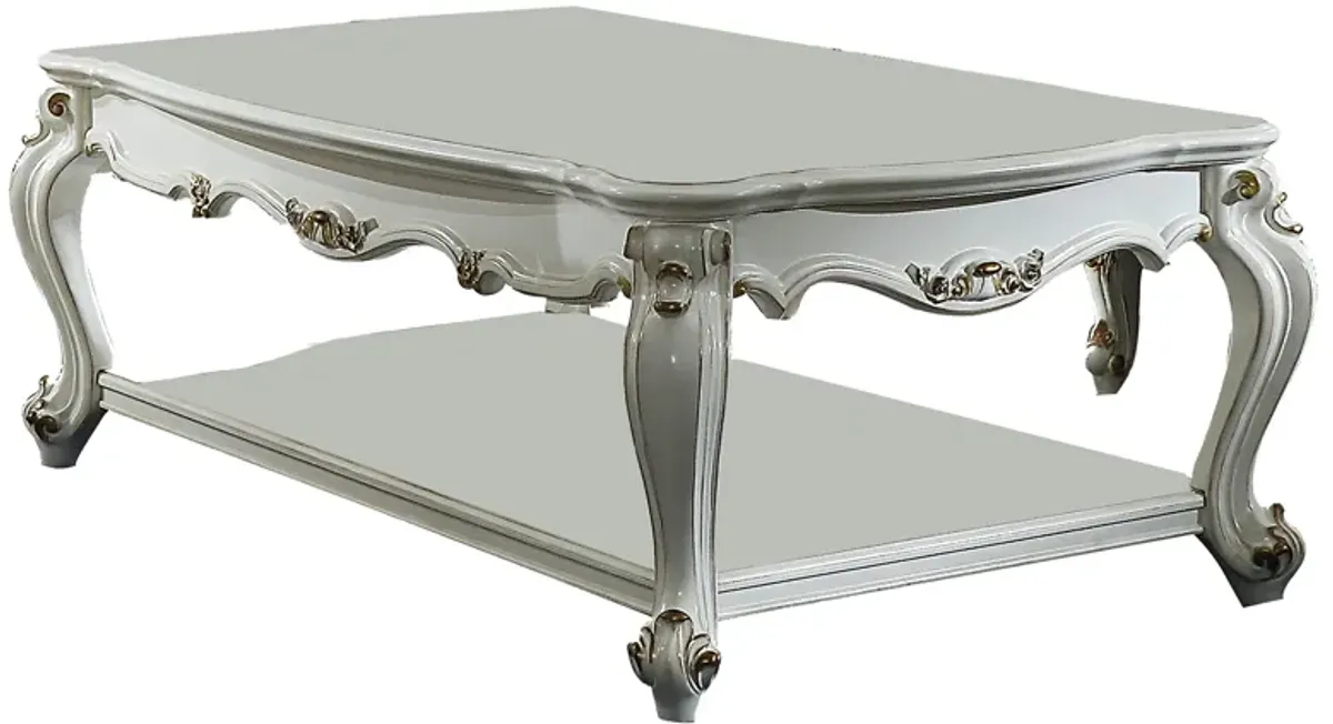 Traditional Style Wooden Coffee Table with Polyresin Carvings and Bottom Shelf, White-Benzara