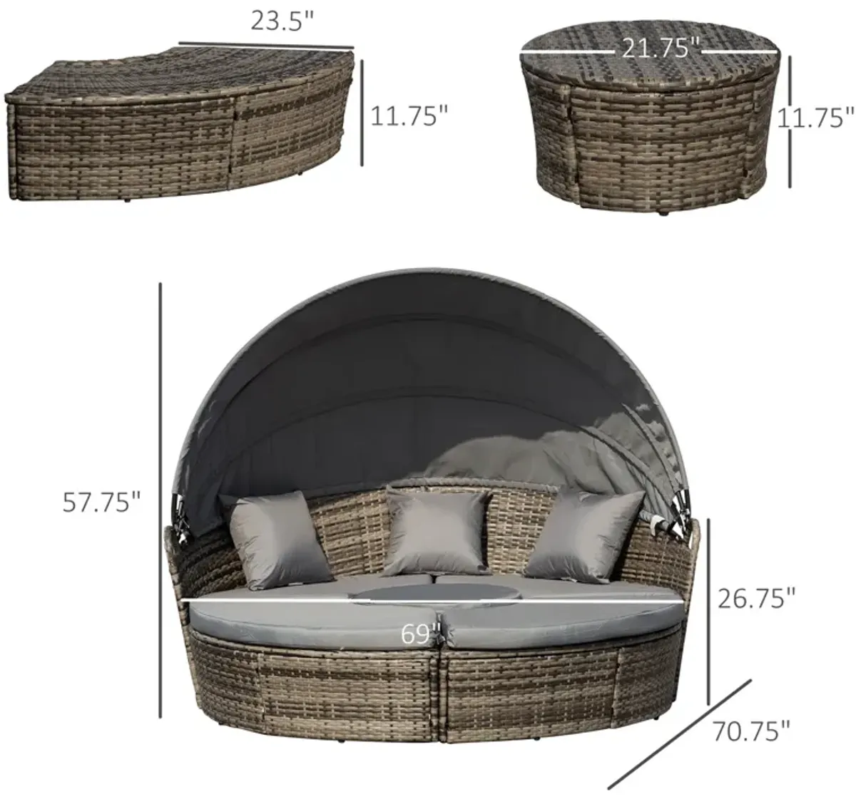 Mocha Brown Sun Lounge: 4-Piece Woven Rattan Canopied Daybed Set