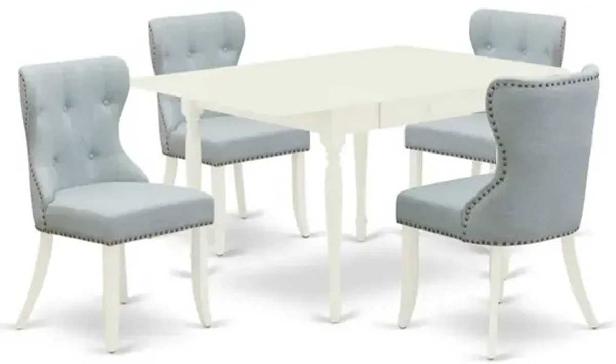 East-West Furniture MZSI5-LWH-15 - A wooden dining table set of 4 wonderful dining room chairs with Linen Fabric Baby Blue color and a beautiful drop leaf rectangle kitchen table with Linen White colo