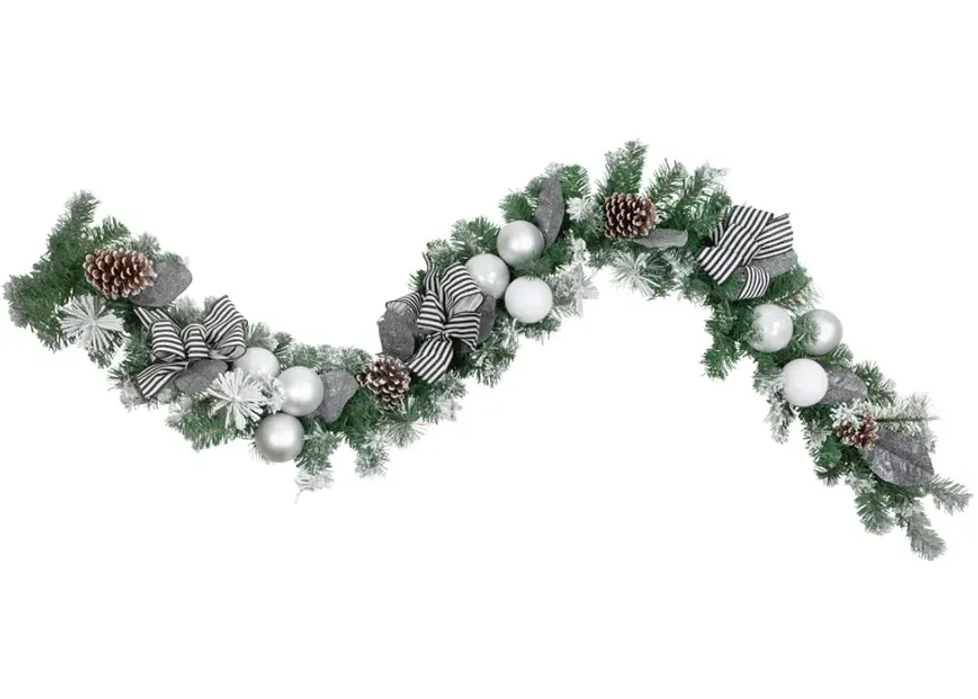 6' Frosted Pine Artificial Christmas Garland with Striped Bows and Ornaments