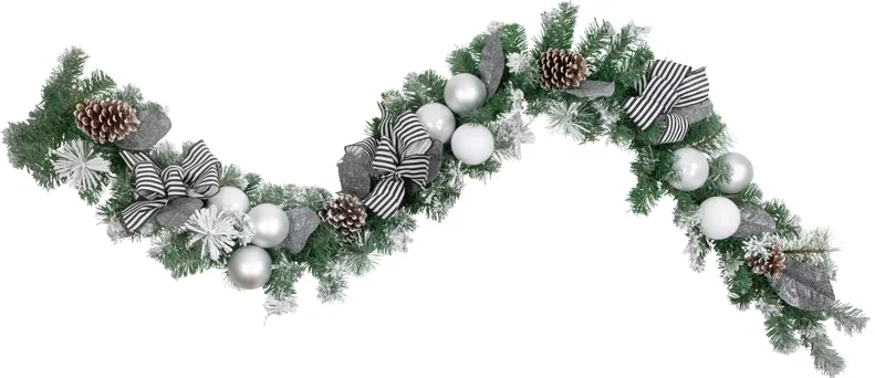 6' Frosted Pine Artificial Christmas Garland with Striped Bows and Ornaments