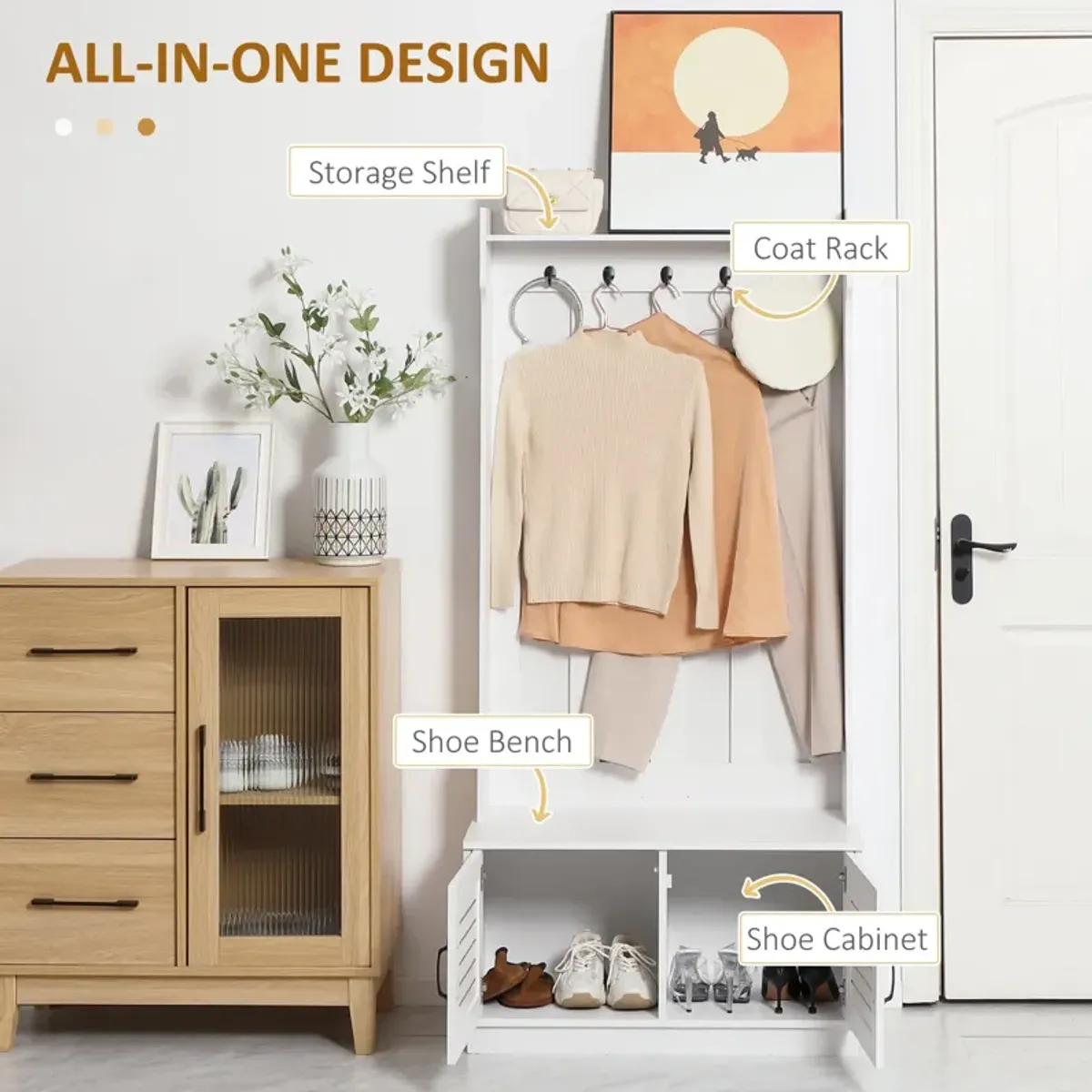 White Entryway Organizer: Modern Hall Tree with Bench & Hooks