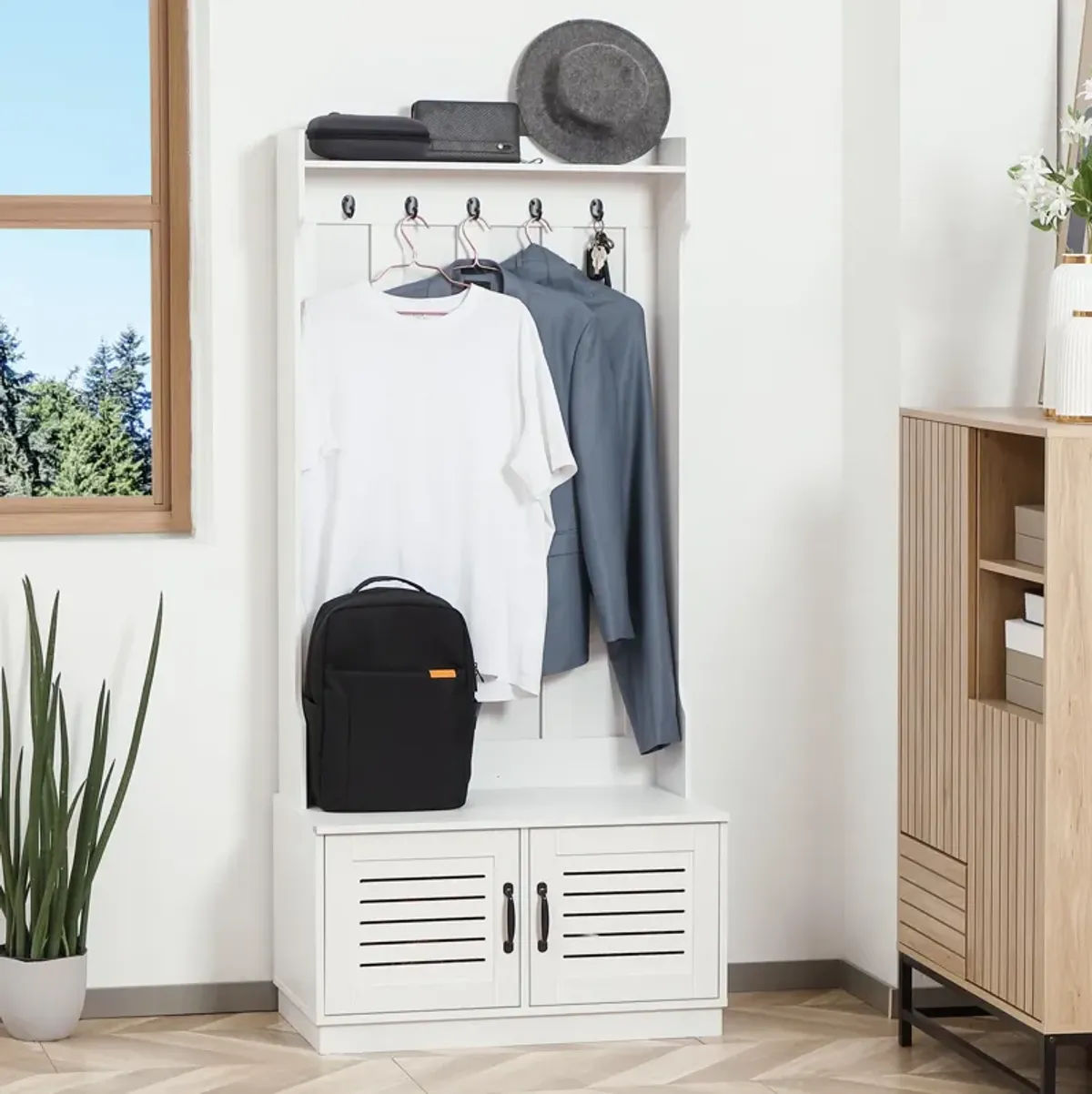 White Entryway Organizer: Modern Hall Tree with Bench & Hooks