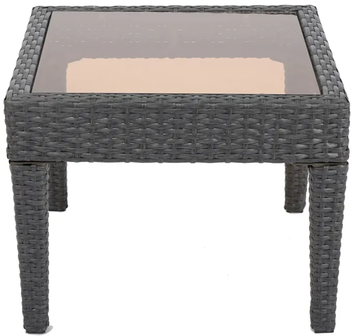 Annie Outdoor Square Accent Table, Tempered Glass, 20 Inch Gray Wicker - Benzara