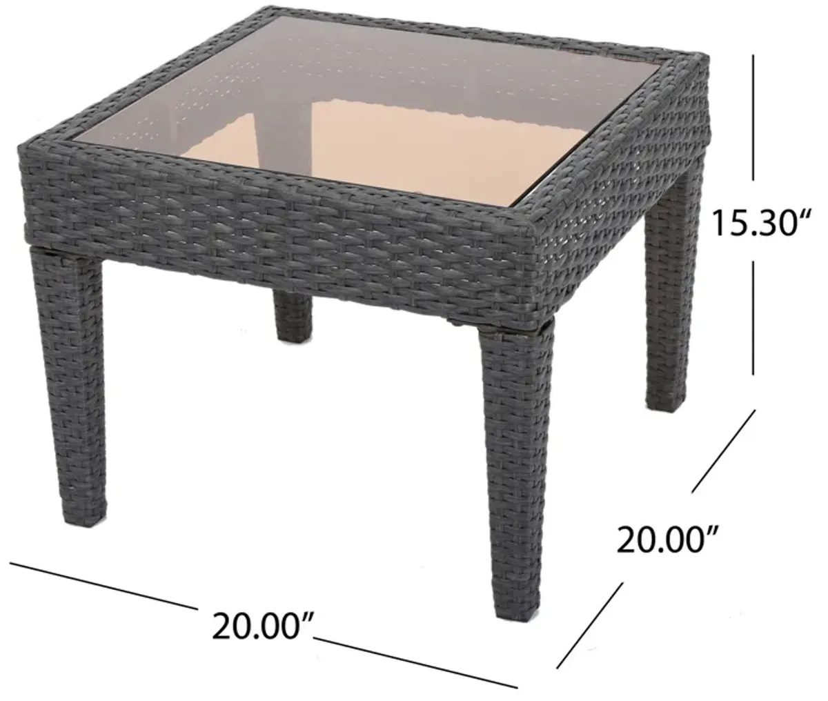 Annie Outdoor Square Accent Table, Tempered Glass, 20 Inch Gray Wicker - Benzara