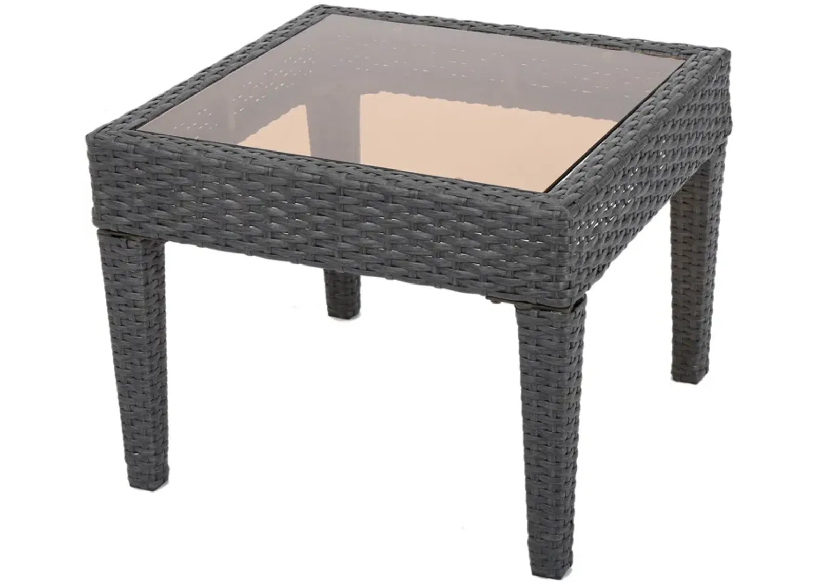 Annie Outdoor Square Accent Table, Tempered Glass, 20 Inch Gray Wicker - Benzara