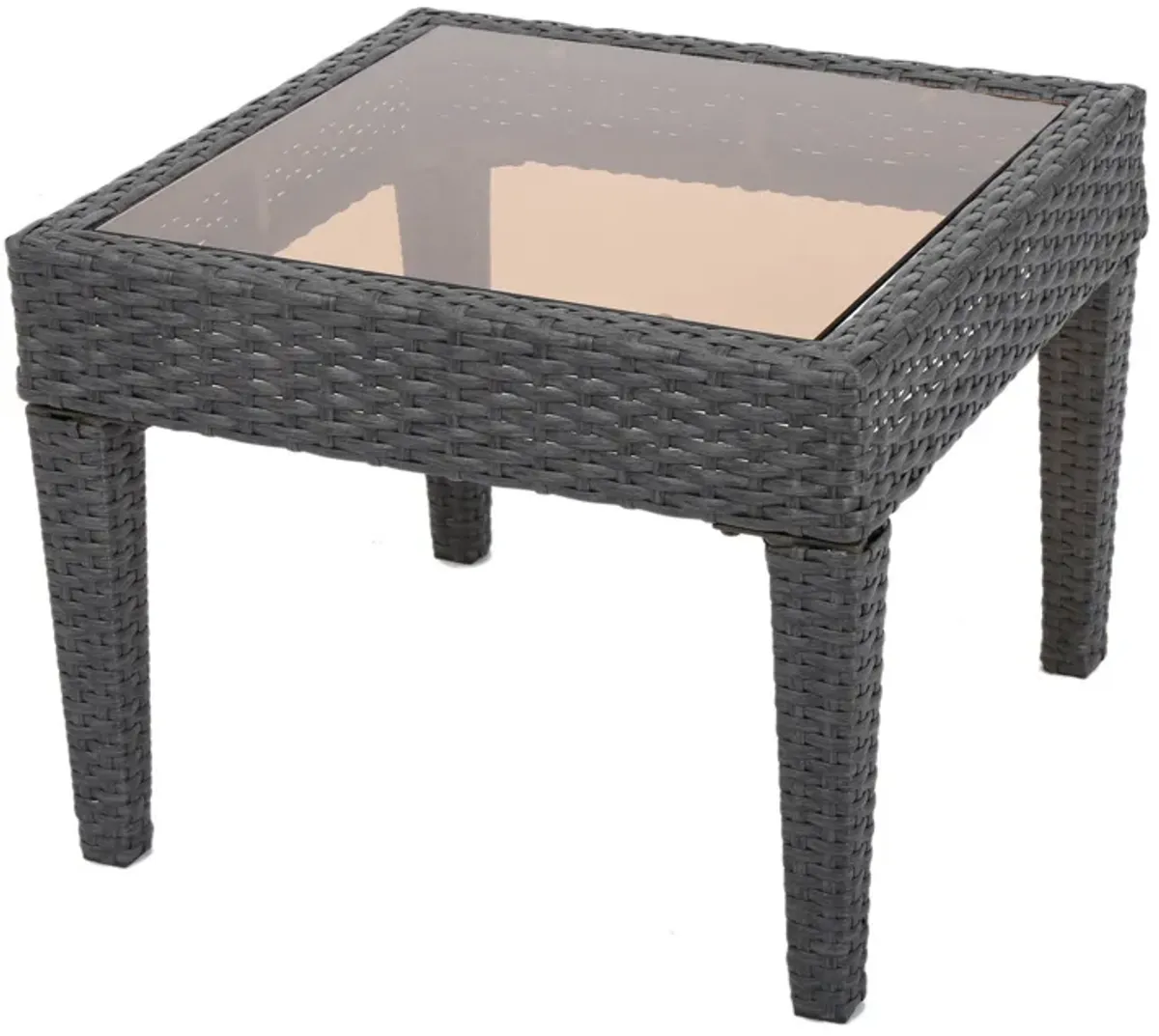 Annie Outdoor Square Accent Table, Tempered Glass, 20 Inch Gray Wicker - Benzara