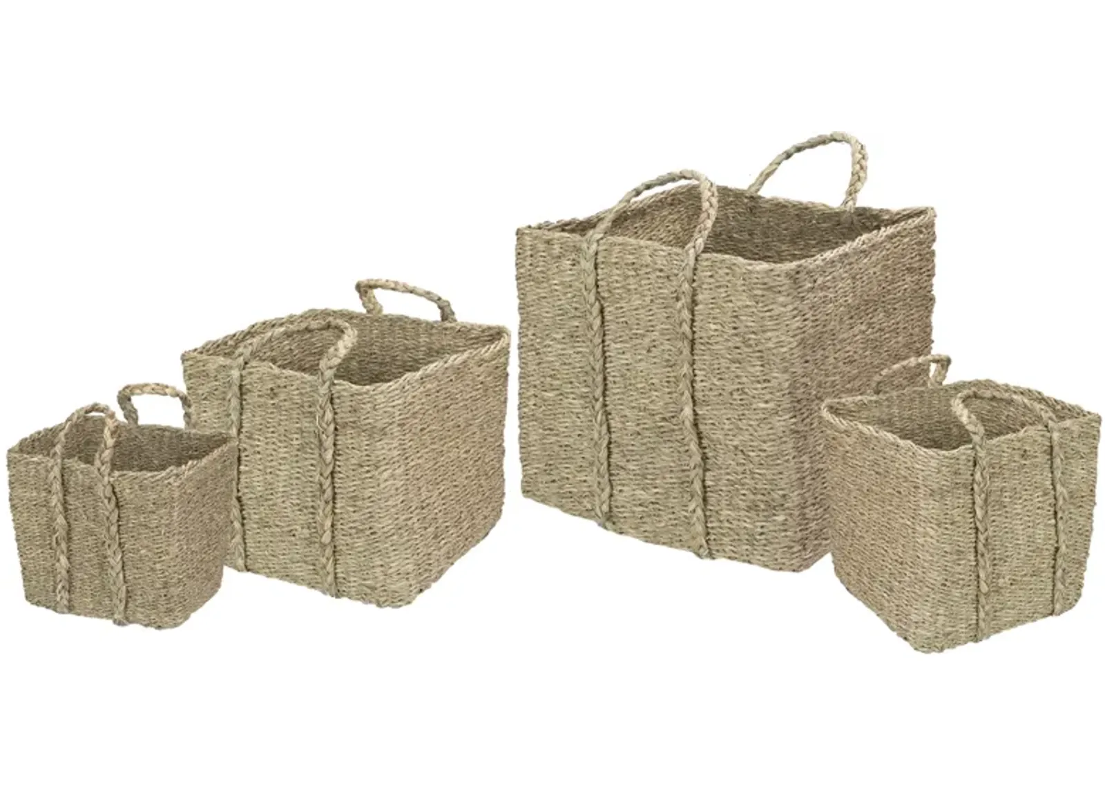 Set of 4 Rustic Beige Square Wicker Table and Floor Baskets