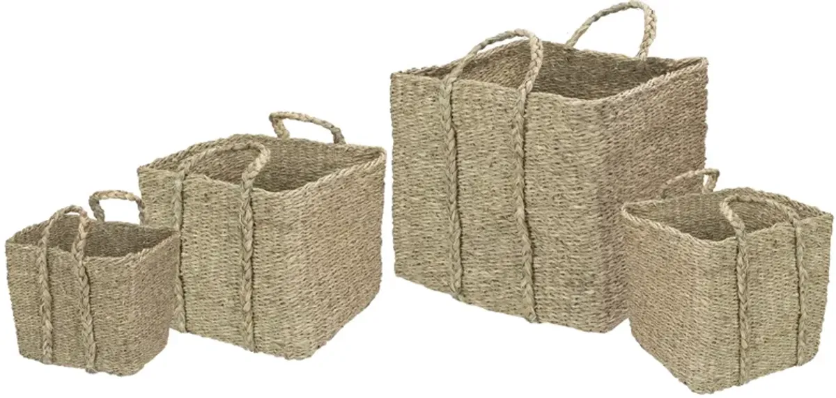 Set of 4 Rustic Beige Square Wicker Table and Floor Baskets