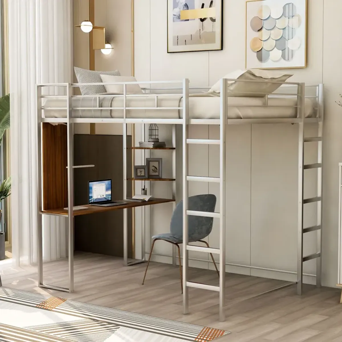 Merax Metal Loft Bed with 2 Shelves and 1 Desk