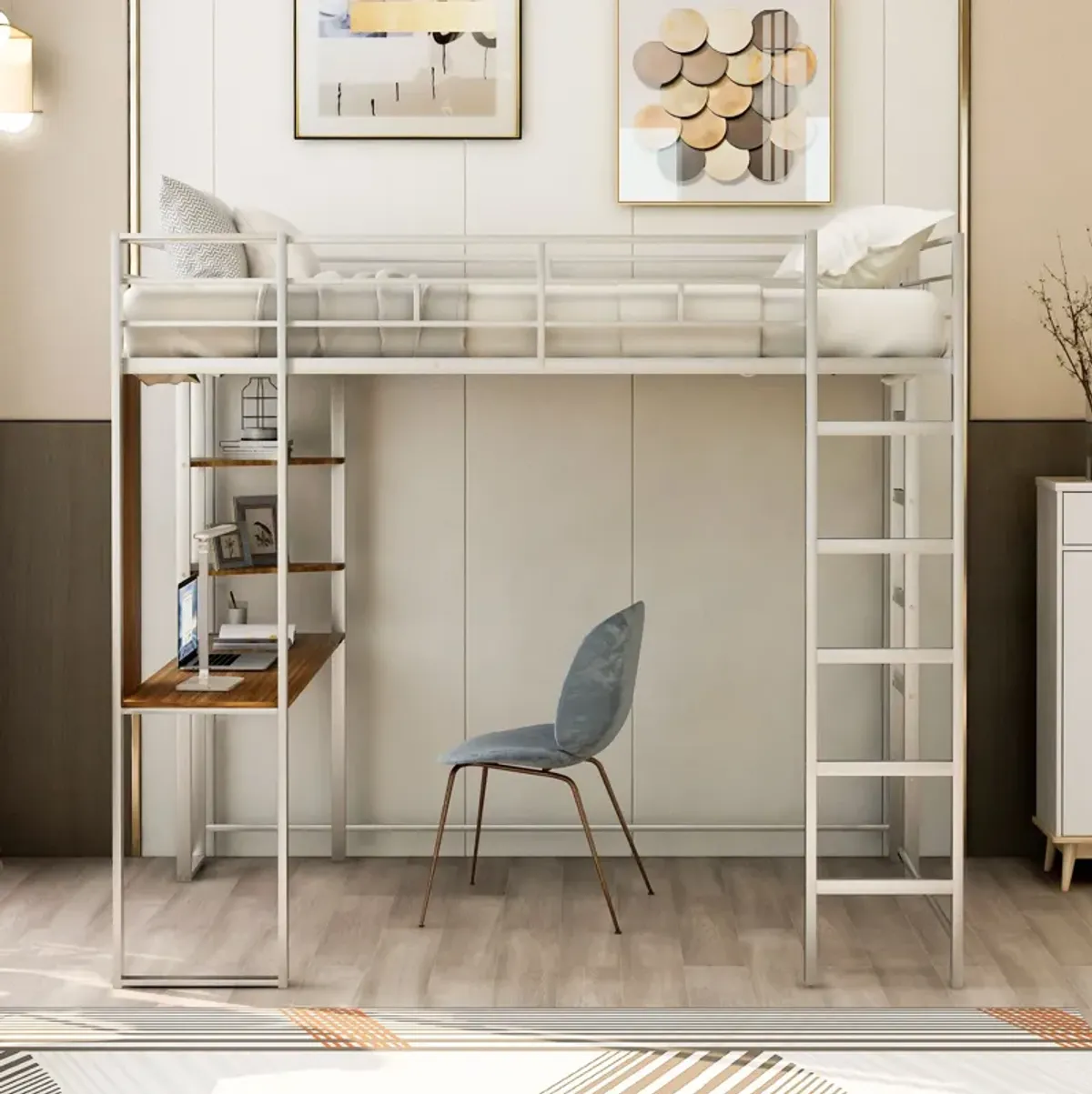 Merax Metal Loft Bed with 2 Shelves and 1 Desk