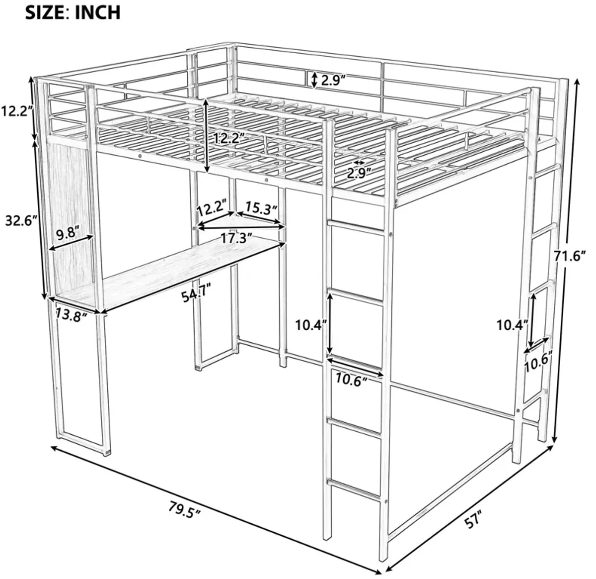 Merax Metal Loft Bed with 2 Shelves and 1 Desk